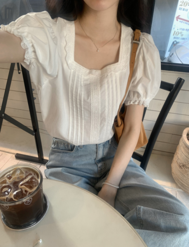 Korean chic summer square collar temperament short-sleeved shirt women's lace patchwork shirt