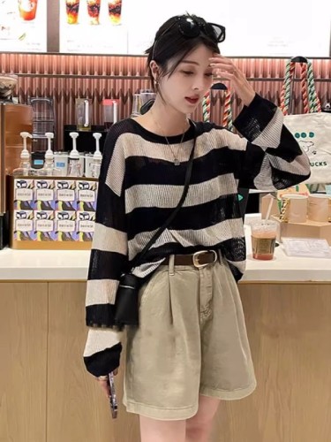 Striped thin hollow ice silk sweater women's summer long-sleeved loose sun protection blouse lazy style air-conditioned shirt top