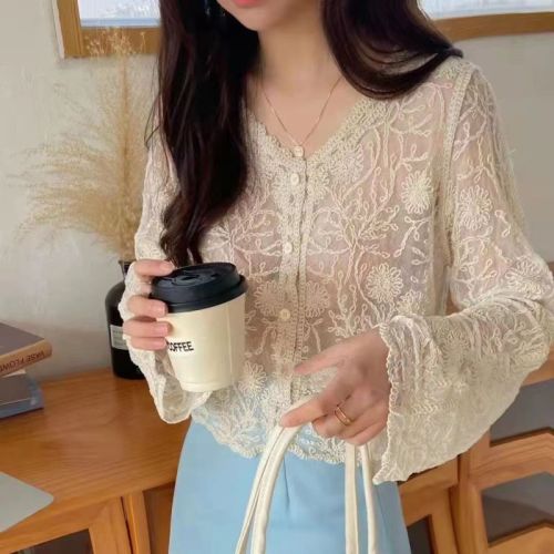 2024 New Thin Super Fairy Sun Protection Clothes Women's Loose Mesh Hollow Blouse Lace Shirt Shawl Jacket