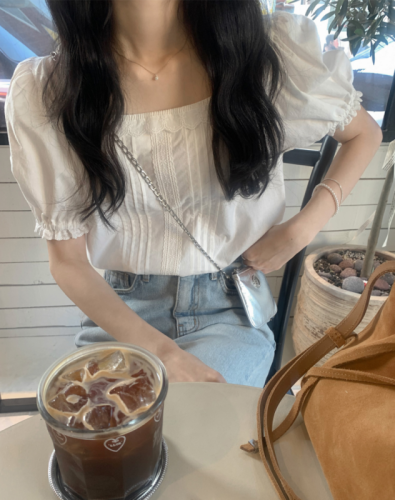 Korean chic summer square collar temperament short-sleeved shirt women's lace patchwork shirt
