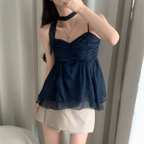 Korean ins summer simple streamers pleated chiffon camisole