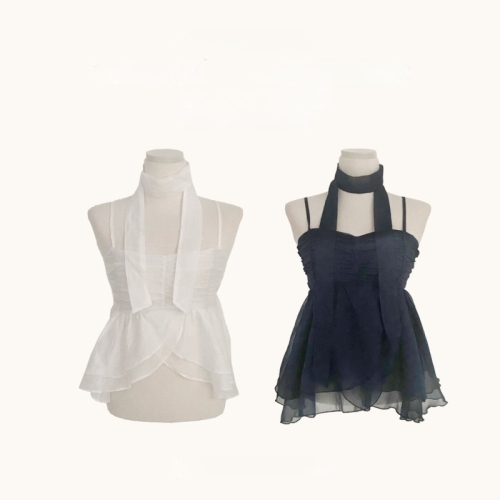 Korean ins summer simple streamers pleated chiffon camisole