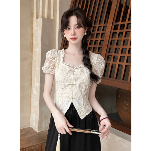 Real shot 2024 summer new style new Chinese style heavy industry embroidered tops short-sleeved solid chiffon shirts for women