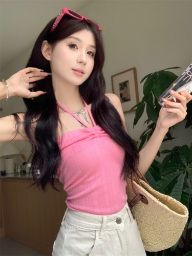 Real shot~Korean style simple sexy cute slim pink halter neck strap beaded camisole top