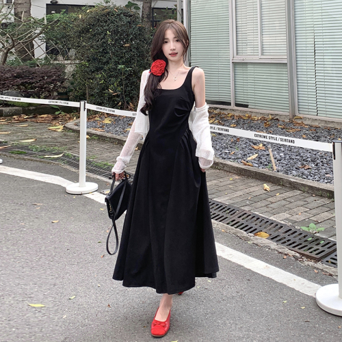 Real shot ~ Large size fat mm French style high-end suspender dress summer new A-line high-waisted black skirt
