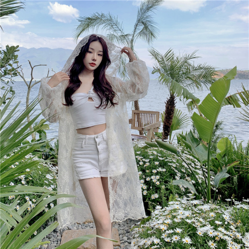 Actual shot~2024 seaside vacation lace hooded long-sleeved loose long-sleeved sun protection sweater outerwear