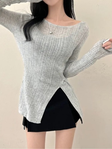 韩国chic薄款显瘦设计感收腰开叉长袖针织上衣女