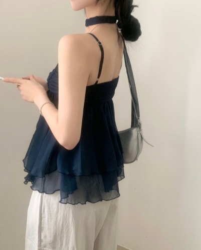 Korean ins summer simple streamers pleated chiffon camisole