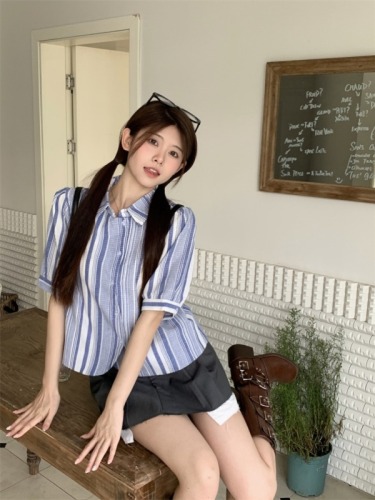 实拍 夏季新款韩系设计感条纹泡泡袖POLO简约宽松衬衫上衣女