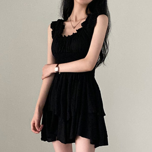 Korean chic summer retro style U-neck pleated waist slimming sleeveless camisole dress short skirt