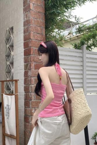 Real shot~Korean style simple sexy cute slim pink halter neck strap beaded camisole top