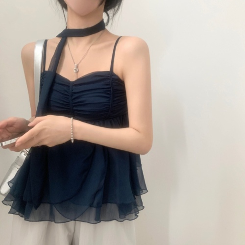 Korean ins summer simple streamers pleated chiffon camisole