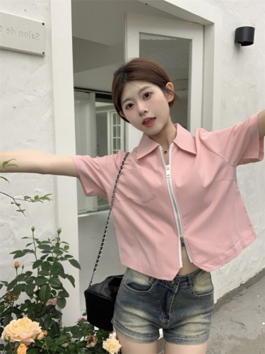 实拍 夏季新款韩版设计感双拉链纯色翻领显瘦短款短袖衬衫女