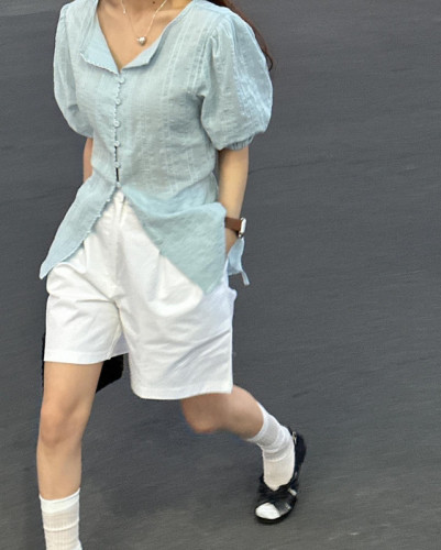 韩国ins 夏日 圆领 泡泡袖 花边 单排扣 棉提花  绑带 短袖衬衫
