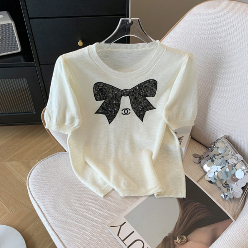 Real shot of French style petite style sequined bow short-sleeved knitted top spring and summer sweet and versatile ice silk T-shirt