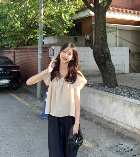 Korean chic summer temperament square collar pleated loose short-sleeved shirt