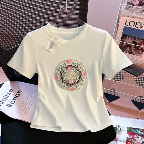 新中式刺绣国风短袖t恤女2024年夏季新款修身显瘦短款设计感上衣