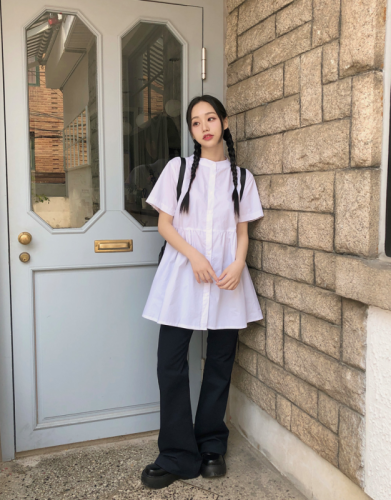 Pure cotton Korean ins single breasted short sleeve shirt dress