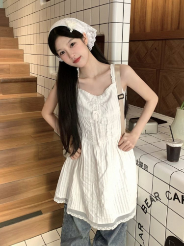 White suspender dress for women summer French sweet lace small waist slimming stacked skirt