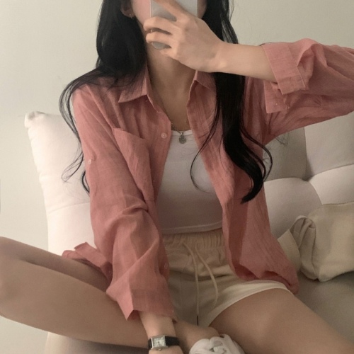 Korean ins summer ice cream color wrinkled long-sleeved shirt loose sun protection shirt