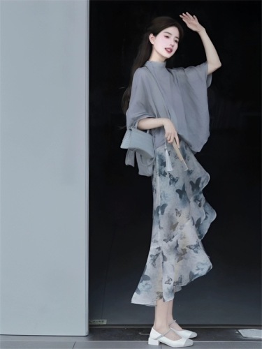 水墨染新中式女装中国风气质碎花半身裙女夏季宽松显瘦衬衫两件套