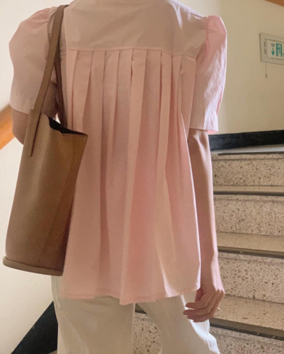 Korean ins summer style sweet puff sleeve pleated back solid color short sleeve shirt