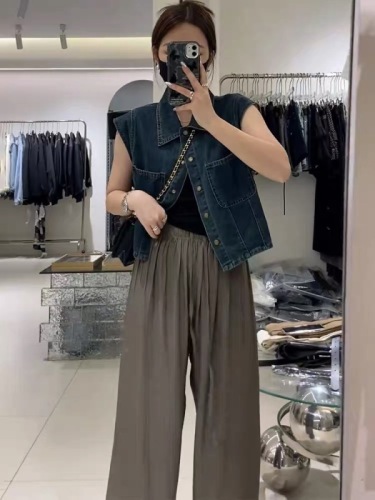 Korean style retro lapel sleeveless denim vest for women 2024 summer new style small casual short vest jacket