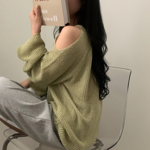 Actual shot Korean style solid color loose and sexy off-shoulder long-sleeved knitted T-shirt thin ice silk sun protection blouse sweater
