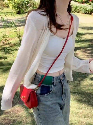 Red cardigan knitted women's 2024 new spring and autumn small waistcoat sun protection blouse thin outer shawl jacket top