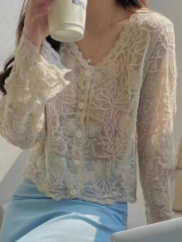 2024 New Thin Super Fairy Sun Protection Clothes Women's Loose Mesh Hollow Blouse Lace Shirt Shawl Jacket