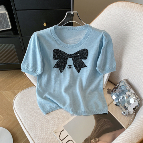 Real shot of French style petite style sequined bow short-sleeved knitted top spring and summer sweet and versatile ice silk T-shirt