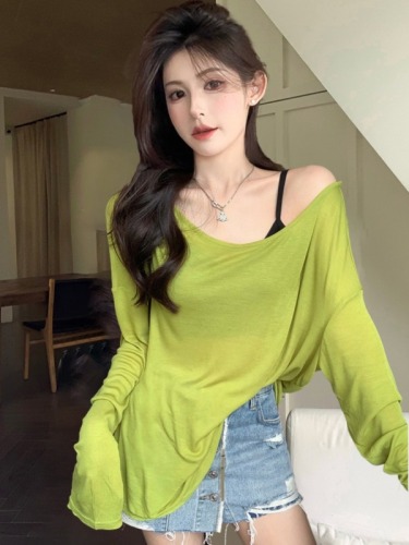 Real shot of one-shoulder slanted shoulder long-sleeved T-shirt for women summer loose sun protection blouse pure desire backless thin top