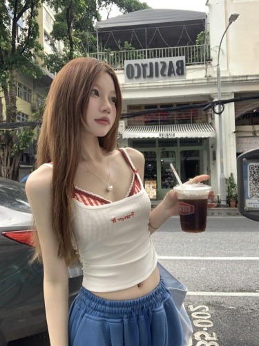 Real shot of lace plaid bra camisole women's inner wear new summer white slim top two-piece set