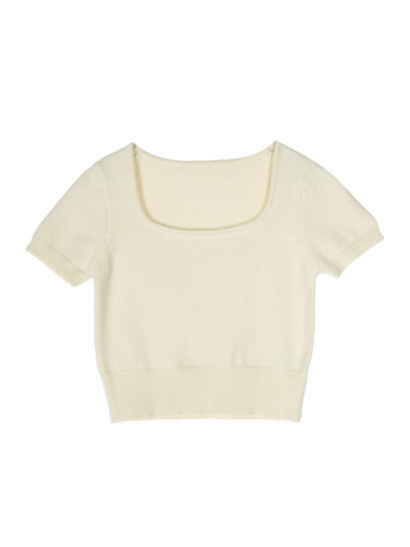 芝士兔 短袖针织T恤女2024夏季新款小个子显瘦方领短款毛衣上衣