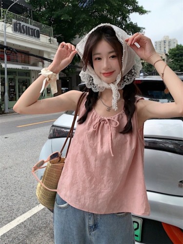 Actual shot of new summer Korean design sleeveless vest, feminine drawstring round neck versatile top