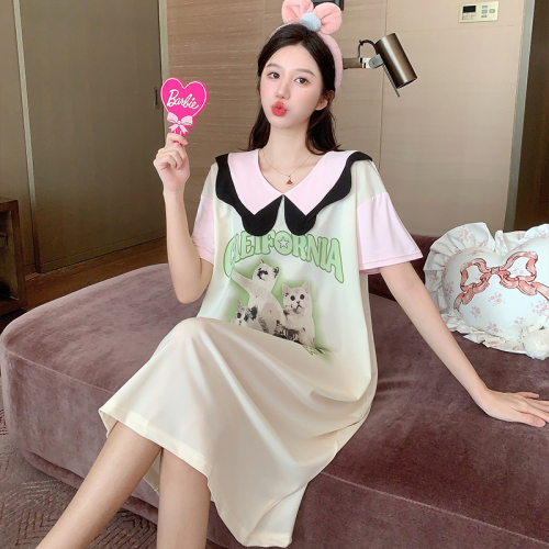 实拍夏季韩版新款睡裙女针织拉架冰爽棉短袖卡通学生甜美家居服
