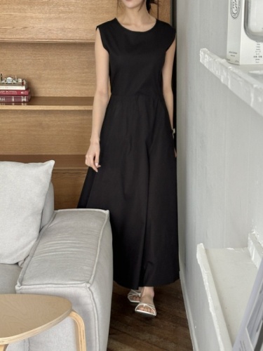 韩国chic法式气质基本款显瘦小心机露背系带无袖长款连衣裙