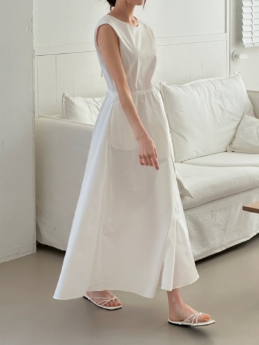 韩国chic法式气质基本款显瘦小心机露背系带无袖长款连衣裙