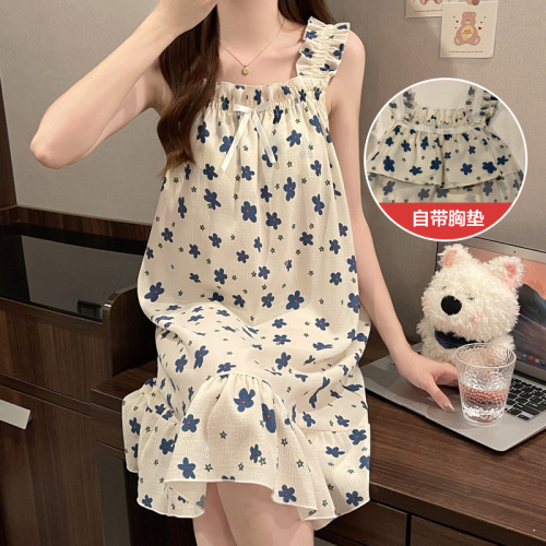 New pajamas for girls in summer with removable breast pads, Korean version of sweet suspenders, crepe cotton, mid-length home clothes