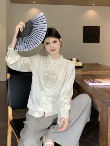 实拍新中式国风衬衫女春季复古盘扣立领刺绣衬衣超仙气质上衣
