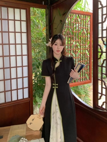 实拍  大码胖mm江南高级感时尚夏季设计精致新中式旗袍连衣裙