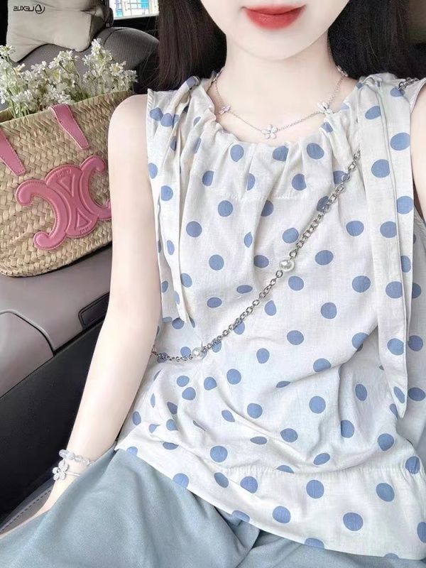 French polka dot sleeveless women's summer outerwear loose slimming Korean sweet gentle temperament tie-up top