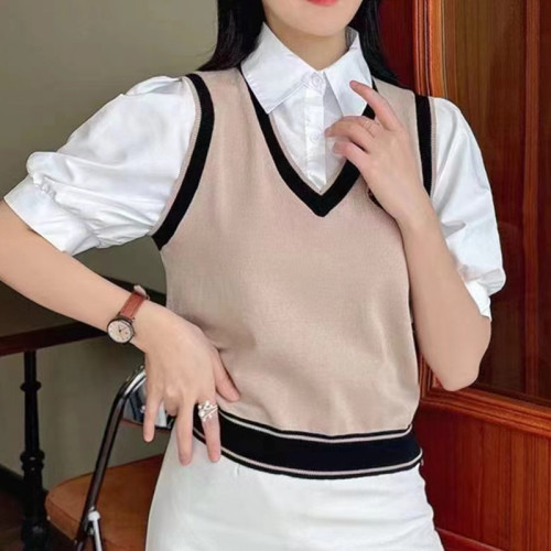 夏季新款韩版学院风polo领衬衣拼接假两件短袖上衣女
