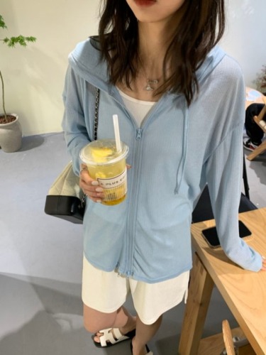 2024 new summer sun protection women's solid color loose and versatile anti-UV hooded cardigan thin jacket for students