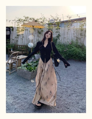 High-waisted long dress with ink wash style, women's new fashion suit with quality Chinese-style fringe top