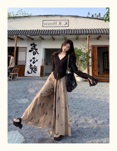 High-waisted long dress with ink wash style, women's new fashion suit with quality Chinese-style fringe top