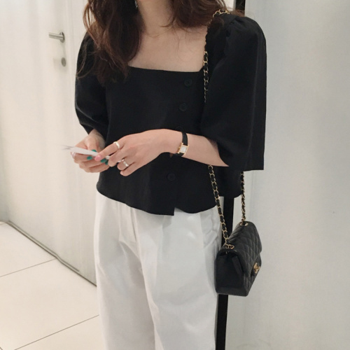 Korean chic simple square collar side button short puff sleeve shirt Korean style new style