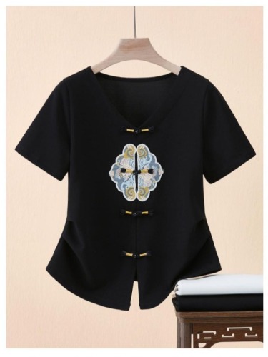 夏季新款新中式V领国风刺绣盘扣上衣中国风设计感开叉显瘦潮流T恤