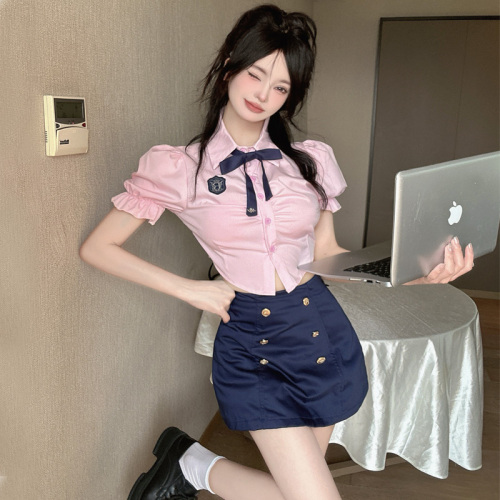 实拍学院风套装女韩系jk制服小个子收腰显瘦粉色衬衫半身裙两件套