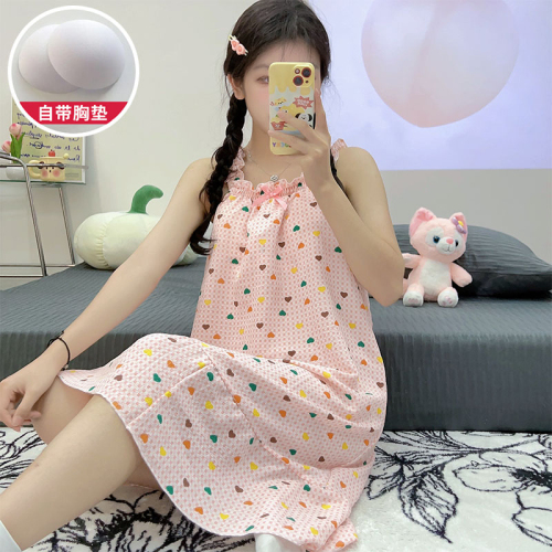 Real shot of pajamas for women 2024 summer Korean style bubble cotton suspenders mid-length nightgown with chest pad sweet home clothes